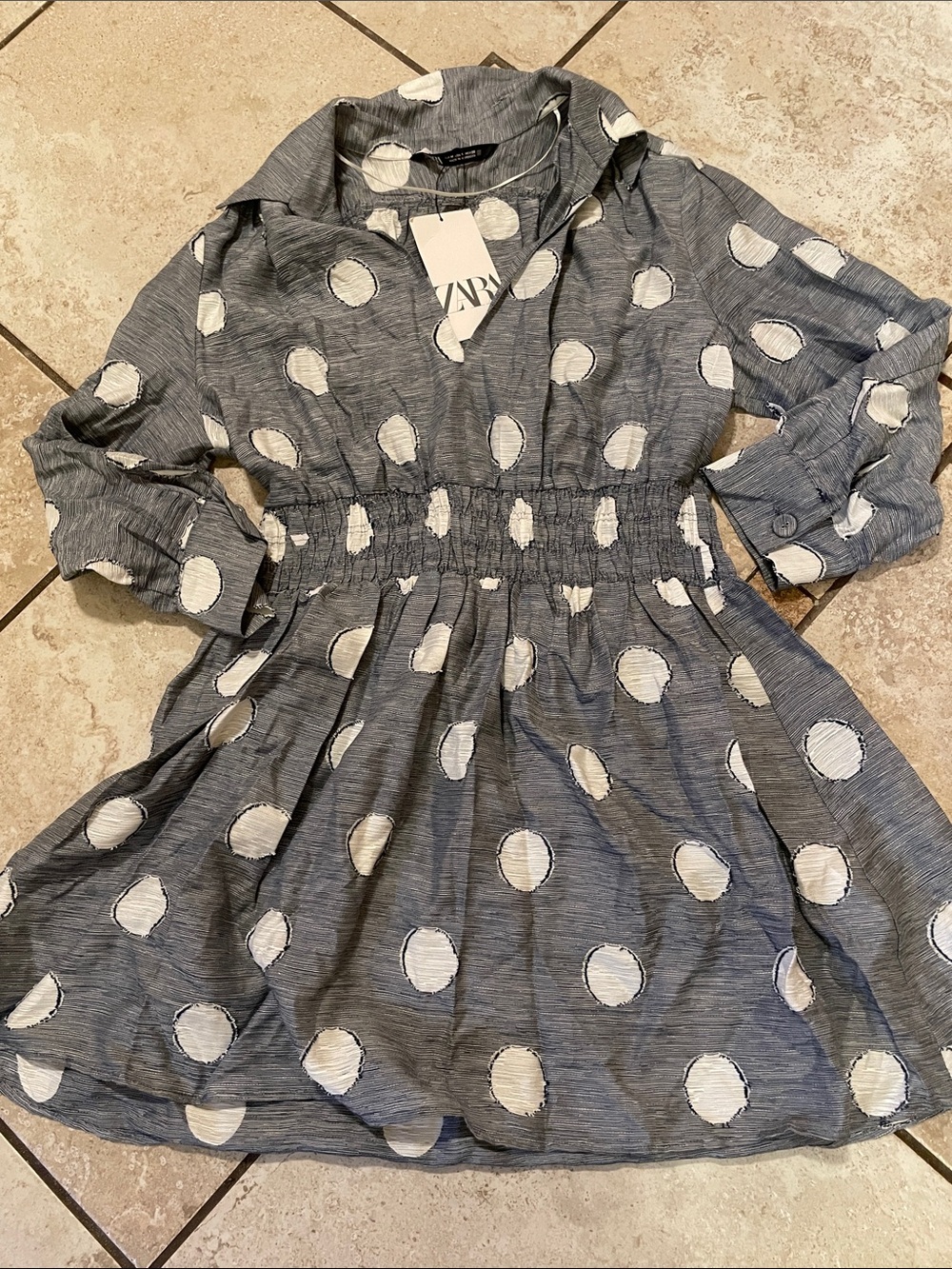 NWT ZARA long sleeve Blue Dress with White Polka Dots, size M